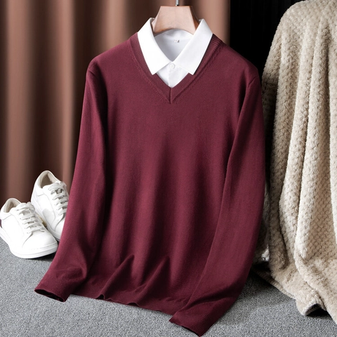 Herren V-Ausschnitt Pullover Lagenlook Design Langarm Slim Fit Strickpullover Casual Business Stil Tops