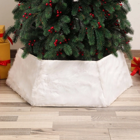 Collier Pied Sapin De Noël Fausse Fourrure Blanche Peluche Décoration Base Fête Vacances Maison Doux Hexagone Carré Rond
