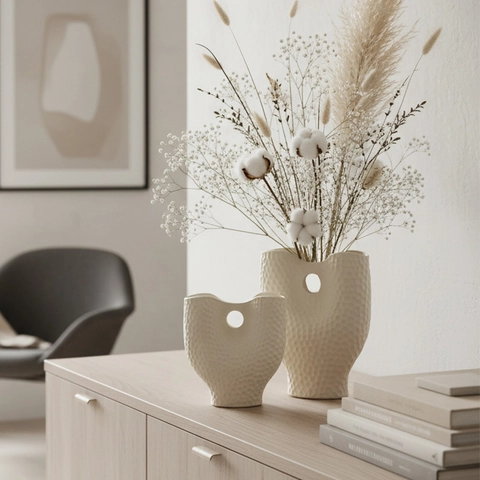 Vases En Céramique Nordique Minimaliste Texture Martelée Trou Circulaire Forme Organique Irrégulière Décoratif Moderne Maison