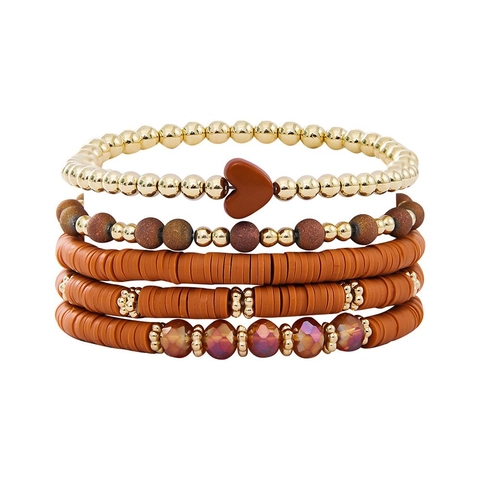 Böhmische Mehrlagige Armbänder Polymer-Ton Heishi Metallperlen Herzanhänger Elastischer Schmuck Mode Damen