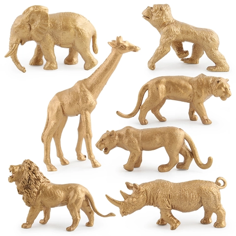 Goldene Wildtierfiguren Realistische Metallische Löwe Elefant Giraffe Tiger Nashorn Leopard Gorilla Kunststoff Modellspielzeug
