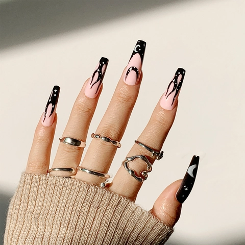 Press On Nails Long Coffin Fake Nails Pink Black Flame Star Moon Pattern Gothic Style Artificial Finger Nails For Women