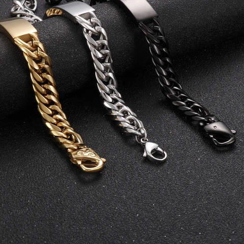 Bracciale Da Uomo In Acciaio Inossidabile Catena Cubana Piastra ID Rettangolare Lucida Gioielli Moda