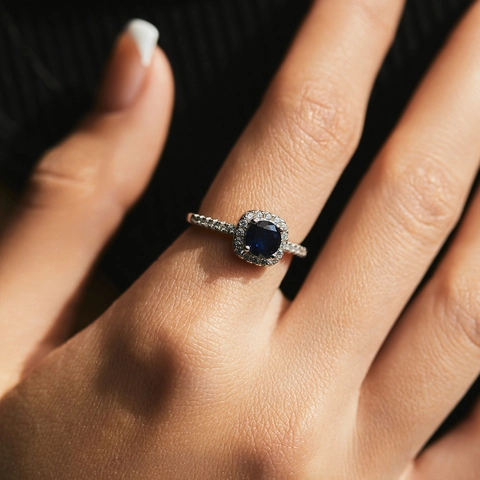 925 Sterling Silver Ring Round Blue Simulated Sapphire Halo Luxury Wedding Engagement Jewelry For Women Elegant Style