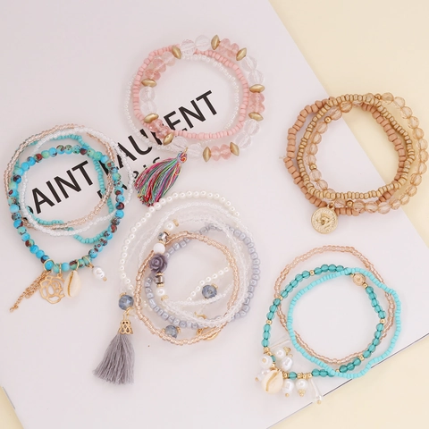 Bohemian Multi Layer Beaded Bracelet With Resin Crystal Beads Shell And Tassel Pendant Elastic Jewelry For Women