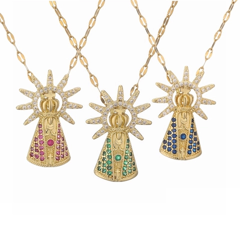Religious Crown Virgin Mary Pendant Necklace For Women Men Gold Plated Copper Stainless Steel Chain Pave Zirconia Jewelry