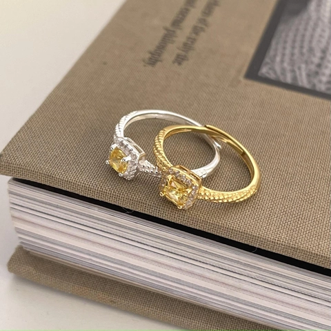 925 Sterling Silver Yellow Square Zircon Halo Ring Twisted Braid Band Adjustable Open Jewelry For Women