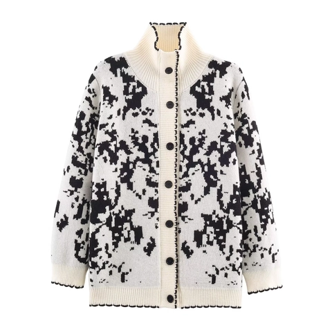 Women Winter Loose Stand Collar Knitted Cardigan Sweater Abstract Jacquard Floral Pattern Thick Warm Outwear Open Front Jacket