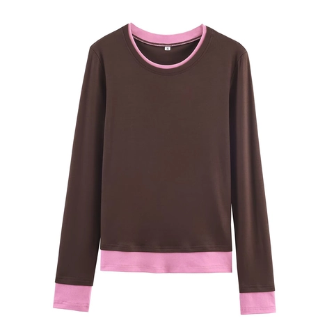 Women Long Sleeve T-Shirt Polyester Double Layer Contrast Color Fake Two Piece Crew Neck Loose Casual Streetwear Top
