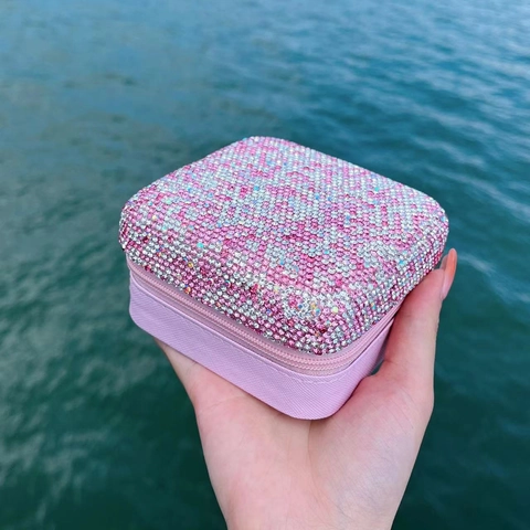 Portable Jewelry Box Double Layer Rhinestone Bling Travel Jewelry Organizer Case With Mirror For Ring Necklace Earrings