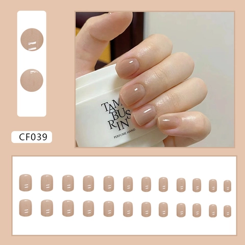 Glossy Press On Nails Short Square Shape Simple Elegant Solid Brown Nude Color For Women Artificial Fingernails