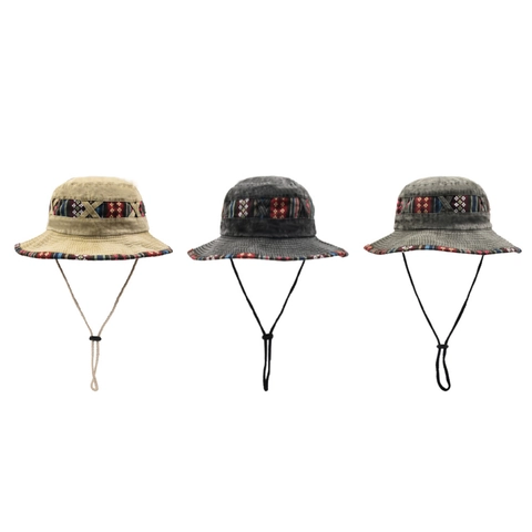 Outdoor Hiking Bucket Hat Ethnic Pattern Ribbon Sun Protection Fisherman Hat With Adjustable Windproof Rope For Women Men
