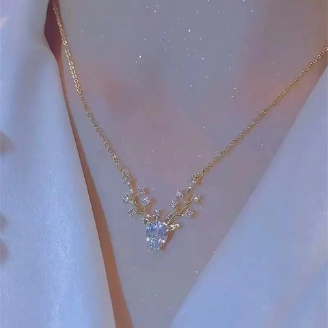 Collana Con Pendente A Corna Di Alce Acciaio Inossidabile Dorato Zirconia Corno Di Cervo Catena Clavicola Gioielli Donna