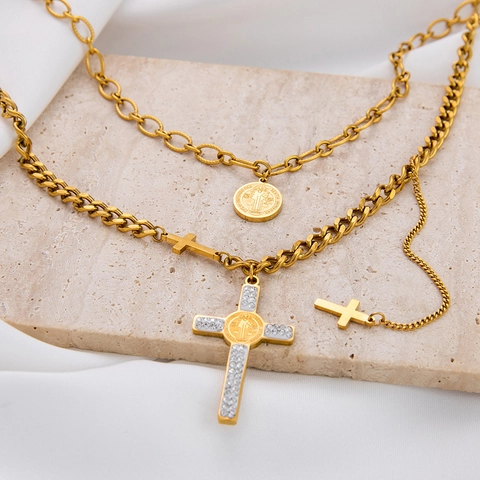 Roestvrij Stalen Strass Kruis Hanger Halsketting Dubbele Laag Goud Sint-Benedictusmedaille Choker Voor Dames Religieuze Sieraden