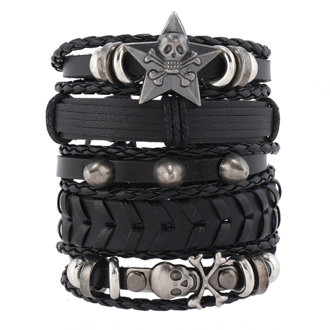 Men's Punk Hip Hop Leather Bracelet Collection Vintage Skull Star Rivet Multi-layer Woven Bracelets Gothic Rock Streetwear