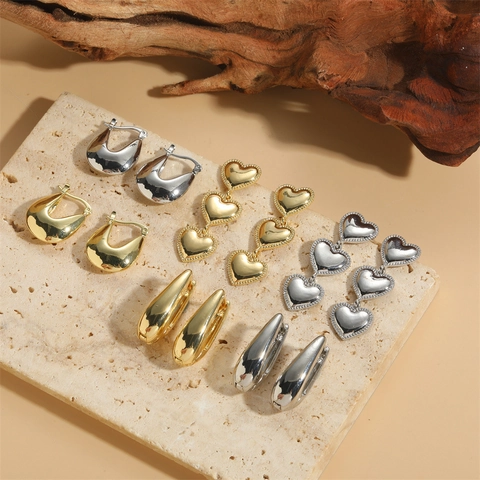 Boucles D'oreilles Minimalistes En Cuivre Géométriques En Forme De U Style Français Goutte D'eau Coeur Bijoux Rétro Femmes