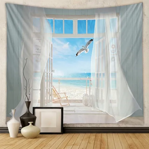 Tapiz Para Colgar En La Pared Tela De Poliéster Vista De La Ventana Paisaje Marino Cielo Estrellado Surrealista Decoración
