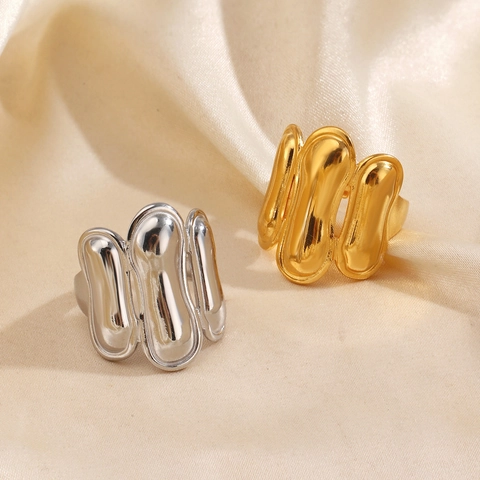 Minimalist Geometric Oval Ring Stainless Steel Liquid Metal Style Adjustable Gold Plated Fashion Jewelry For Women