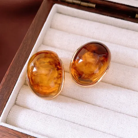 Vintage Amber Resin Round Earrings With 925 Sterling Silver Earring Post Gold Plated Copper Retro Jewelry For Women