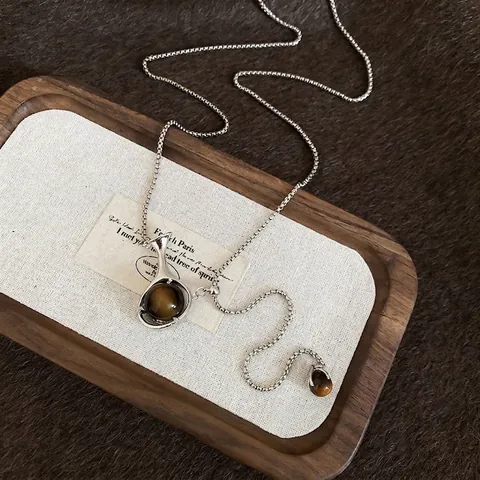 Long Collier En Y Avec Perle En Résine Style Œil De Tigre Chaîne Box En Alliage Sautoir Vintage Pour Femmes
