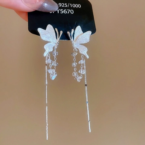Pendientes Colgantes De Mariposa Con Cristales De Vidrio Azul Y Poste De Plata Joyería Elegante Estilo Hada Para Mujer