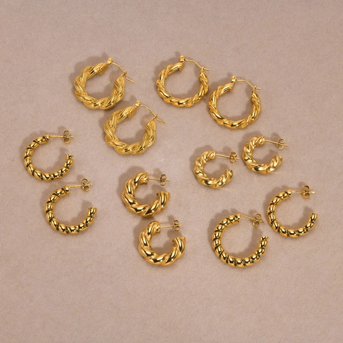 Stainless Steel Hoop Earrings For Women 18K Gold Plated Minimalist Geometric Twist Round U-Shaped C-Shaped Fashion Jewelry