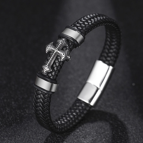 Herren Geflochtenes Lederarmband Mit Edelstahl Kreuz Anhänger Retro Punk Stil Handgelenkband Für Männer Schmuck Geschenke