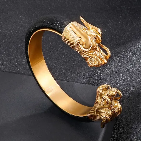 Double Dragon Head Cuff Bracelet Stainless Steel And Leather Retro Punk Bangle Adjustable For Men Cool Jewelry