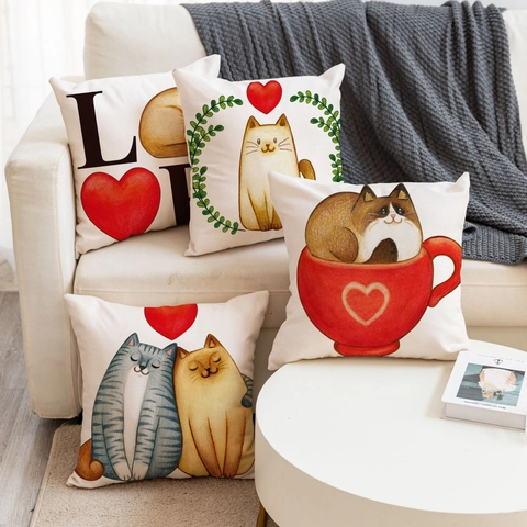 Cartoon Katze Kissenhülle Leinen Baumwolle Atmungsaktiv Sofa Zierkissenbezug Herz Liebe Muster Romantisches Geschenk