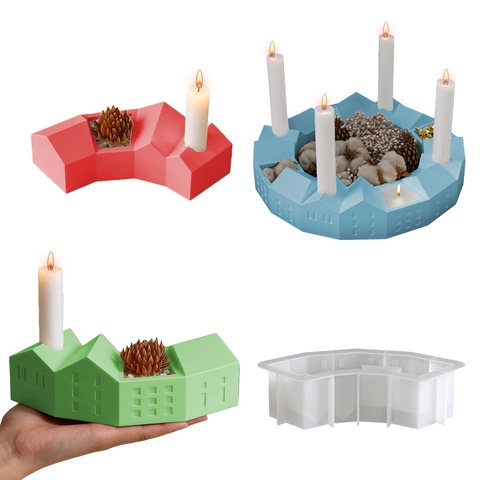 Nordic House Architektur Kerzenhalter Silikonform DIY Harz Gips Guss Dorf Design Weihnachten Tischdekoration