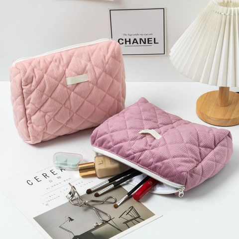 Grote Capaciteit Corduroy Cosmetische Tas Gewatteerd Diamant Effen Kleur Make-Up Pouch Rits Reis Toiletas Voor Vrouwen