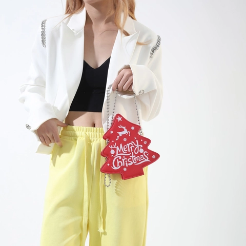 Sac Bandoulière Forme Sapin De Noël Cuir PU Renne Imprimé Merry Christmas Chaîne À Boules Métalliques Fête Nouveauté