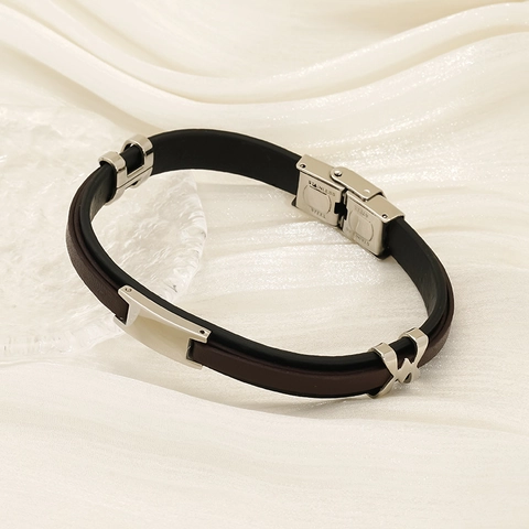 Pulsera De Moda Para Hombre Acier Inoxydable Y Cuero Silicona Doble Capa Color Empalmado Joyería Deportiva Simple