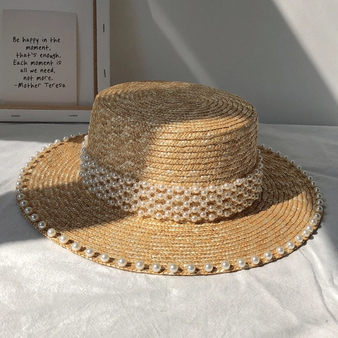 Elegant French Style Flat Top Straw Hat With Artificial Pearl Embellishment Wide Brim Sun Hat For Women Beach Vacation Decor