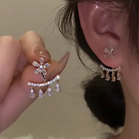 Korean Fashion Zirconia Petal Copper Stud Earrings With 925 Sterling Silver Post Gold Two-Way Wear High End Jewelry For Women
