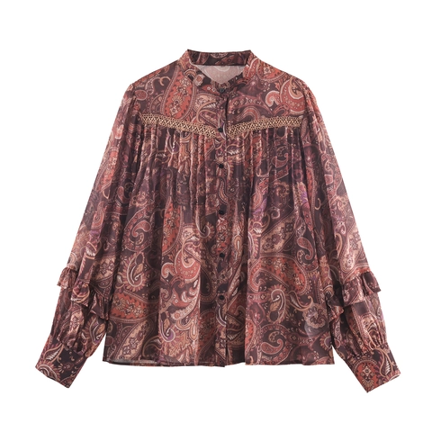 Bohemian Paisley Print Chiffon Bluse Damen Langarm Stehkragen Spitze Patchwork Lose Vintage Oberteil Rüschenmanschetten