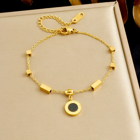 Retro Stainless Steel Bracelet Roman Numeral Round Pendant Black Enamel Geometric Cube Beads Gold Plated Fashion Jewelry