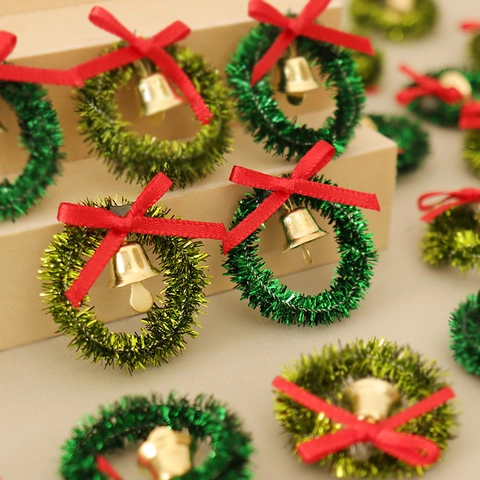 Miniature Christmas Wreath Tiny Tinsel Garland With Red Ribbon Bow And Gold Bell DIY Dollhouse Craft Festive Decor