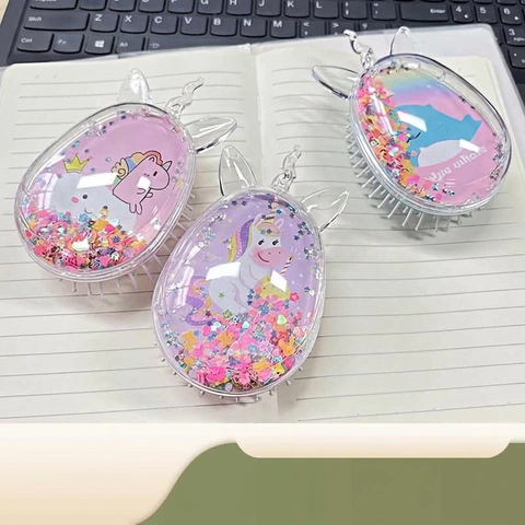 Egg Shaped Hair Brush Transparent Quicksand Glitter Air Cushion Detangling Comb Unicorn Design For Kids Women Plastic