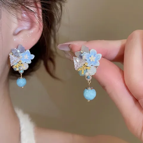 Elegantes Pendientes Colgantes De Flor Y Lazo Azul Con Resina Circonita Cristal Perla Artificial Y Poste De Plata 925