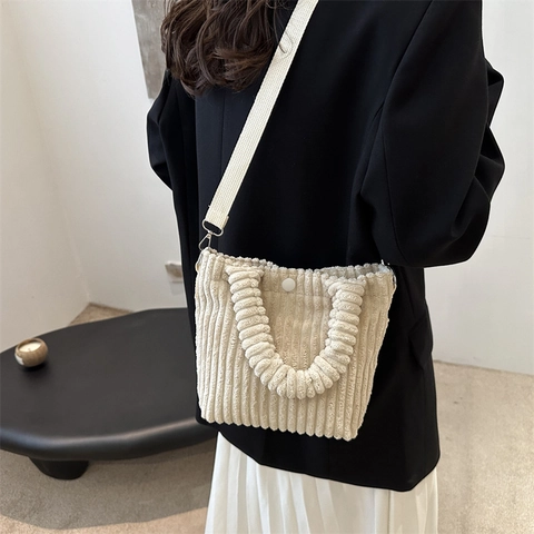 Women's Corduroy Crossbody Mini Bag Vintage Striped Handheld Tote Bag Casual Shoulder Bag With Adjustable Strap