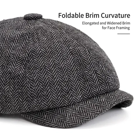 Men's Retro Newsboy Cap Wool Blend Polyester Tweed Adjustable Octagonal Hat Herringbone Woven Ivy Flat Cap Casual Accessory