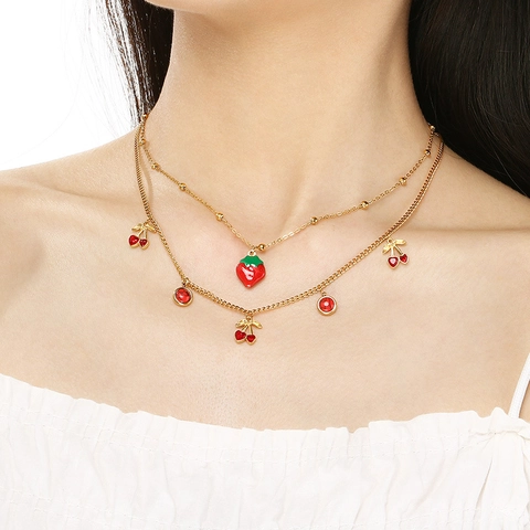 Roestvrijstalen Fruit Groente Hanger Ketting 18K Verguld Emaille Kraal Zirkoon Sieraden Voor Dames Pastorale Stijl