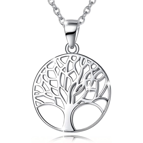 Collier en Argent Sterling 925 Arbre de Vie pour Femmes Pendentif Rond Creux Collier Cadeau Maman Bijoux Argent Électroplaqué