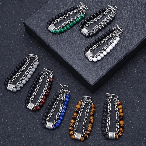 Men Bracelet Natural Lava Rock Tiger Eye Hematite Stainless Steel Double Layer Cuban Chain Toggle Clasp Retro Punk Fashion Accessory