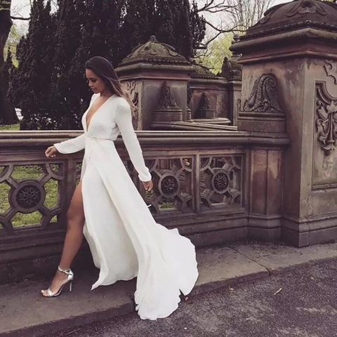 Elegant Ivory White Wedding Dress Long Sleeve Deep V Neck High Split Floor Length Chiffon Style Evening Gown Women