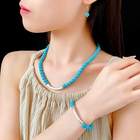 Juego De Joyas Étnicas Retro Cuentas Turquesa Artificial Roja Collar Pulsera Pendientes Aleación Bohemio Tubo Curvo Mujer