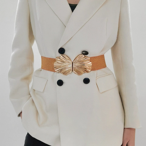 Ceinture Élastique Femme Vintage avec Boucle Coquillage Dorée Large Ceinture de Taille Extensible Accessoire Mode Perlé