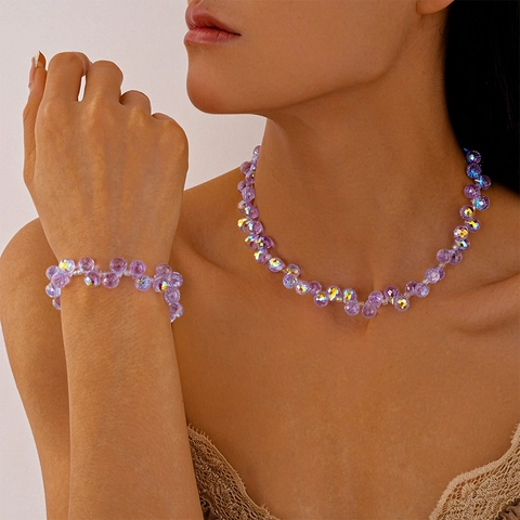Collana Choker E Bracciale In Perle Di Cristallo Di Vetro Sfaccettate Viola Gioielli Di Moda Brillanti Per Donne Elegante