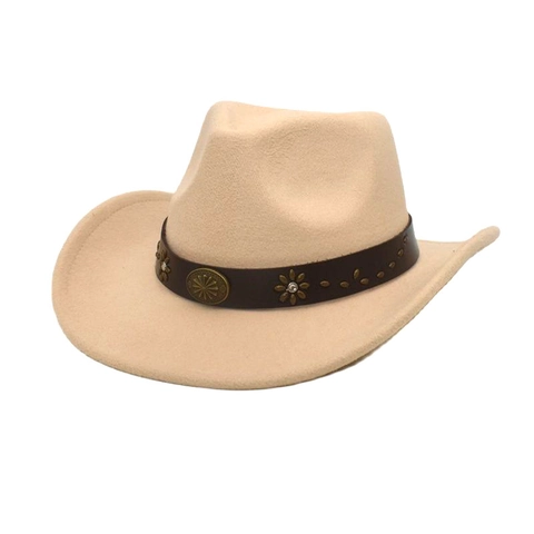 Western Cowboy Hat Retro Felt Wide Brim Fedora With Ethnic Leather Band Metal Studs Vintage Outdoor For Men Women